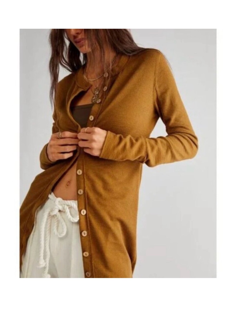 We The Free Button Front Long Cardigan Brown XS Lightweight Layering Top